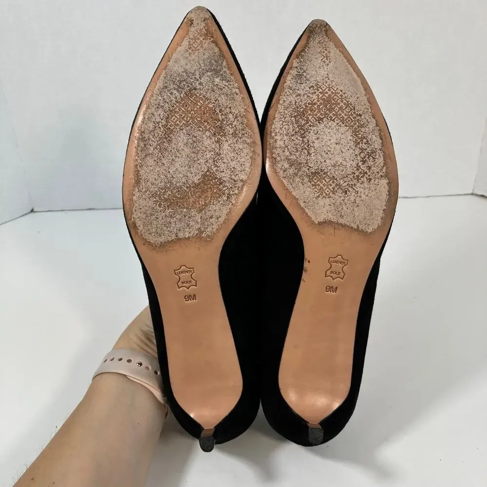Tory Burch Sz 9 Greenwich Black Suede Kitten Heels Pointed Toe Logo Heel